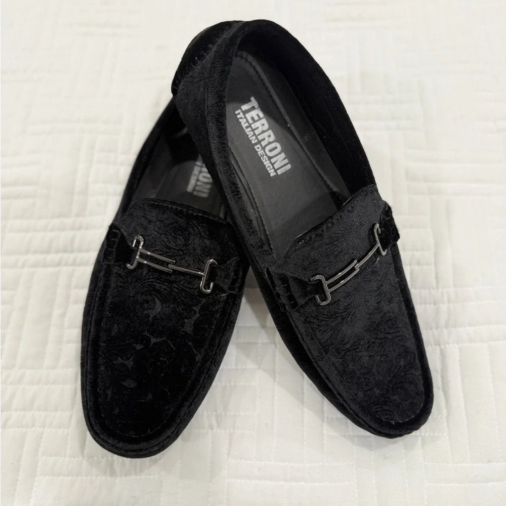 Terroni Italian‎ Design Mens Black Velvet Paisley Bit Loafers Driving Mocs LA220